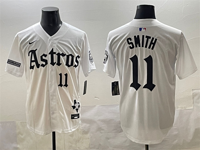 Men's Houston Astros #11 Cam Smith White Gothic 'Houston Born Barrio Raised' Limited Stitched Baseball Jersey Men's Houston Astros #11 Cam Smith White Gothic 'Houston Born Barrio Raised' Limited Stitched Baseball Jersey